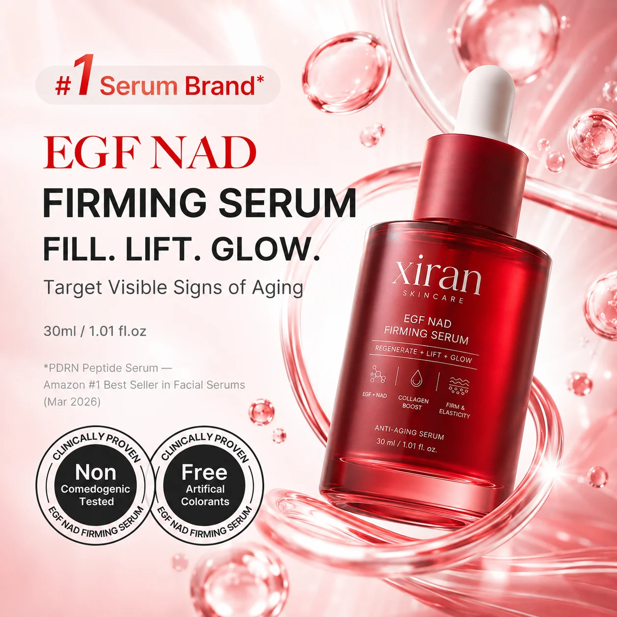 Promotional image of Xiran EGF NAD Firming Serum highlighting anti-aging benefits, clinical proof, and key features.